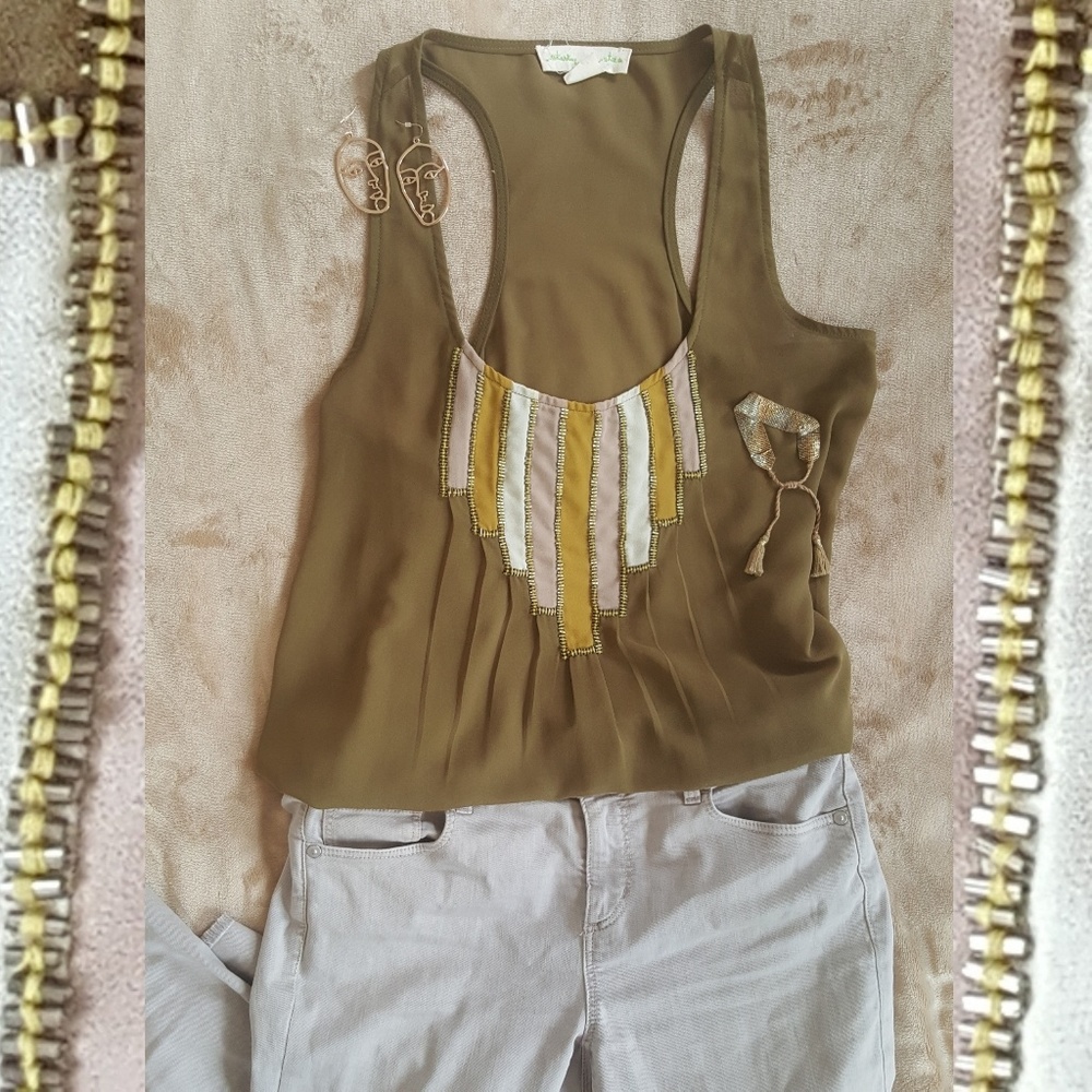 Boho Chic Beaded Olive Chiffon Top - Staring@Stars